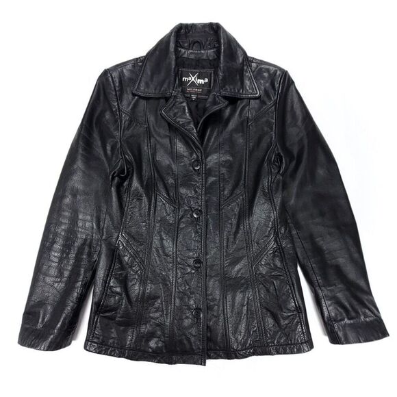 VINTAGE Wilsons Maxima 100% Genuine Leather Jacket Dad Coat Medium Black 90s Y2k - Picture 1 of 10